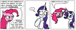 Size: 1169x467 | Tagged: safe, artist:gingerfoxy, imported from derpibooru, pinkie pie, rarity, earth pony, pony, unicorn, pony comic generator, ..., angry, comic, scared, text