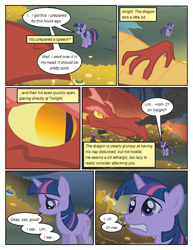 Size: 612x792 | Tagged: safe, artist:newbiespud, edit, edited screencap, imported from derpibooru, screencap, basil, twilight sparkle, dragon, pony, unicorn, comic:friendship is dragons, dragonshy, comic, dialogue, female, gold, looking up, male, mare, screencap comic, slit eyes, slit pupils, smoke, sword, unicorn twilight, weapon