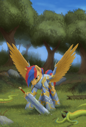 Size: 1800x2663 | Tagged: safe, artist:1jaz, imported from derpibooru, oc, oc only, oc:schorcht, pegasus, pony, armor, male, monster, scenery, stallion, sword, tree, weapon