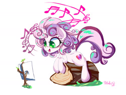 Size: 1500x2000 | Tagged: safe, artist:velcius, imported from derpibooru, sweetie belle, pony, unicorn, cutie mark, female, filly, log, music notes, musical, signature, sitting, solo, song, the cmc's cutie marks