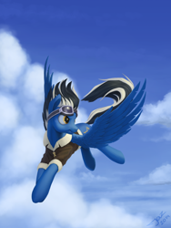 Size: 1500x1991 | Tagged: safe, artist:1jaz, imported from derpibooru, oc, oc only, oc:diz, pegasus, pony, bomber jacket, clothes, cloud, flying, freckles, goggles, jacket, male, signature, sky, solo, spread wings, stallion, wings