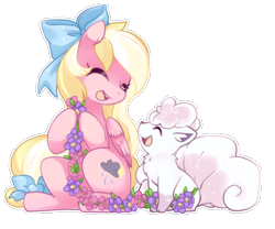 Size: 1200x1000 | Tagged: safe, artist:loyaldis, imported from derpibooru, oc, oc only, oc:bay breeze, fox, pegasus, pony, vulpix, alola form, alolan form, alolan vulpix, bow, crossover, cute, daaaaaaaaaaaw, eyes closed, female, flower, hair bow, kitsune, mare, open mouth, pokémon, shiny pokémon, simple background, sitting, tail bow, transparent background