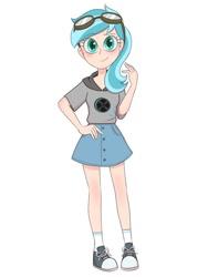 Size: 510x680 | Tagged: safe, artist:h2so366, imported from derpibooru, oc, oc only, oc:rym, human, clothes, converse, cute, denim skirt, female, goggles, hoodie, humanized, humanized oc, miniskirt, moe, ocbetes, ponytail, shoes, simple background, skirt, sneakers, socks, solo, white background