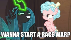 Size: 996x564 | Tagged: safe, edit, edited screencap, imported from derpibooru, screencap, cozy glow, queen chrysalis, changeling, changeling queen, pegasus, pony, the summer sun setback, evil grin, female, filly, grin, meme, race war, smiling