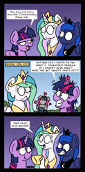 Size: 1300x2632 | Tagged: safe, artist:bobthedalek, imported from derpibooru, princess celestia, princess luna, smarty pants, twilight sparkle, alicorn, pony, unicorn, lesson zero, the summer sun setback, captain obvious, comic, dialogue, female, forced smile, heart, magic, mare, messy mane, nervous sweat, shrunken pupils, speech bubble, sweat, truth revealed, twilight snapple, twilight sparkle (alicorn), twilighting, twilynanas, unicorn twilight