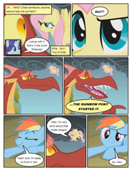 Size: 612x792 | Tagged: safe, artist:newbiespud, edit, edited screencap, imported from derpibooru, screencap, basil, fluttershy, rainbow dash, rarity, dragon, pegasus, pony, unicorn, comic:friendship is dragons, dragonshy, comic, dialogue, eyes closed, female, flying, male, mare, screencap comic, sharp teeth, slit eyes, slit pupils, smoke, stare, teeth, the stare