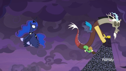 Size: 1920x1080 | Tagged: safe, imported from derpibooru, screencap, discord, princess luna, alicorn, draconequus, the summer sun setback, breaking the fourth wall, cloud, confused, discovery family logo, eyes closed, female, flying, male, mare, night, shocked, smiling, static