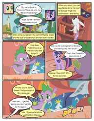 Size: 612x792 | Tagged: safe, artist:newbiespud, edit, edited screencap, imported from derpibooru, screencap, angel bunny, carrot top, fluttershy, golden harvest, spike, twilight sparkle, dragon, pony, rabbit, unicorn, comic:friendship is dragons, dragonshy, animal, bed, book, bookcase, bookshelf, comic, dialogue, female, looking down, looking up, male, mare, onomatopoeia, screencap comic, slit eyes, slit pupils, unicorn twilight