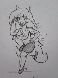 Size: 2576x1932 | Tagged: safe, artist:drheartdoodles, imported from derpibooru, oc, oc:mamma, human, big breasts, breasts, cleavage, clothes, female, humanized, milf, one eye closed, peace sign, shorts, smiling, solo, traditional art, wink