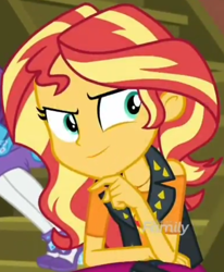 Size: 854x1035 | Tagged: safe, imported from derpibooru, screencap, rarity, sunset shimmer, costume conundrum, equestria girls, equestria girls series, spoiler:eqg series (season 2), cropped, discovery family logo, female, geode of empathy, magical geodes, scheming, sitting, smiling, solo focus, stairs, sunset's apartment