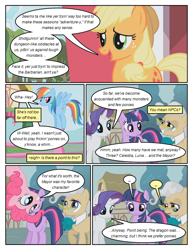 Size: 612x792 | Tagged: safe, artist:newbiespud, edit, edited screencap, imported from derpibooru, screencap, applejack, mayor mare, pinkie pie, rainbow dash, rarity, twilight sparkle, earth pony, pony, unicorn, comic:friendship is dragons, comic, dialogue, farm, female, flying, glasses, house, mare, screencap comic, tree, unicorn twilight, upside down