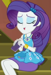 Size: 712x1044 | Tagged: safe, imported from derpibooru, screencap, rarity, costume conundrum, equestria girls, equestria girls series, spoiler:eqg series (season 2), cellphone, clothes, cropped, eyes closed, female, geode of shielding, guitar, iphone, magical geodes, musical instrument, pencil skirt, phone, rarity peplum dress, sitting, skirt, smartphone, smiling, solo, stairs, sunset's apartment