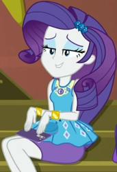 Size: 730x1065 | Tagged: safe, imported from derpibooru, screencap, rarity, costume conundrum, equestria girls, equestria girls series, spoiler:choose your own ending (season 2), spoiler:eqg series (season 2), cellphone, clothes, cropped, female, geode of shielding, guitar, iphone, legs, lidded eyes, lip bite, magical geodes, musical instrument, pencil skirt, phone, rarity peplum dress, sitting, skirt, smartphone, solo, stairs, sunset's apartment