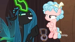 Size: 1920x1080 | Tagged: safe, imported from derpibooru, screencap, cozy glow, queen chrysalis, changeling, changeling queen, pegasus, pony, the summer sun setback, aside glance, crossed hooves, discovery family logo, evil grin, female, filly, flying, glowing horn, grin, horn, lidded eyes, sideways glance, smiling