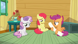 Size: 1280x720 | Tagged: safe, edit, edited screencap, editor:slayerbvc, imported from derpibooru, screencap, apple bloom, scootaloo, sweetie belle, earth pony, pegasus, pony, unicorn, the fault in our cutie marks, accessory-less edit, clubhouse, crusaders clubhouse, cutie mark, cutie mark crusaders, depressed, female, filly, missing accessory, sad, sitting, the cmc's cutie marks