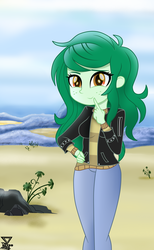 Size: 1500x2442 | Tagged: safe, artist:theretroart88, imported from derpibooru, wallflower blush, equestria girls, equestria girls series, beach, clothes, cute, female, flowerbetes, jacket, leather jacket, looking at you, messy hair, ocean, plants, rock, sand, sky, smiling, smiling at you, solo, water