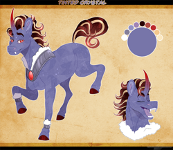 Size: 980x849 | Tagged: safe, artist:bijutsuyoukai, imported from derpibooru, oc, oc only, oc:tinted crystal, pony, unicorn, brown background, colored hooves, male, offspring, parent:amber laurel, parent:king sombra, reference sheet, simple background, solo, stallion