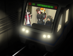 Size: 2372x1828 | Tagged: safe, artist:subway777, imported from derpibooru, oc, oc:rave muller, oc:vincher, anthro, pegasus, unicorn, cyrillic, metro, moscow, moscow metro, russian, subway, train