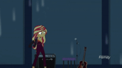 Size: 800x450 | Tagged: safe, imported from derpibooru, screencap, sunset shimmer, equestria girls, equestria girls series, let it rain, spoiler:eqg series (season 2), acoustic guitar, animated, clothes, female, gif, guitar, guitar strap, jacket, microphone, microphone stand, musical instrument, pick up, sitting, solo, speaker, stage, stagelights