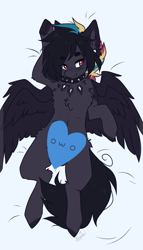 Size: 1268x2211 | Tagged: safe, alternate version, artist:tay-niko-yanuciq, artist:tenebristayga, imported from derpibooru, oc, oc:masashi, pegasus, pony, body pillow, censored, chest fluff, collar, heart, male, multicolored mane, owo, spiked collar, stallion