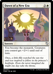 Size: 375x523 | Tagged: safe, edit, imported from derpibooru, princess celestia, princess luna, twilight sparkle, alicorn, pony, the summer sun setback, ccg, magic the gathering, sunrise, trading card, trading card edit, twilight sparkle (alicorn)