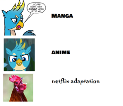 Size: 718x624 | Tagged: safe, artist:horsesplease, idw, imported from derpibooru, gallus, bird, uprooted, spoiler:comicfeatsoffriendship01, crowing, gallus the rooster, meme, netflix, netflix adaptation, rooster