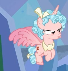 Size: 392x409 | Tagged: safe, imported from derpibooru, screencap, cozy glow, alicorn, pony, the ending of the end, leak, alicornified, bow, cozy glow is best facemaker, cozy glow is not amused, cozycorn, cropped, feathered wings, female, filly, flying, mare, race swap, solo, tail bow, wings