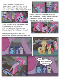 Size: 612x792 | Tagged: safe, artist:newbiespud, edit, edited screencap, imported from derpibooru, screencap, apple bloom, applejack, fluttershy, pinkie pie, rainbow dash, twilight sparkle, pony, unicorn, comic:friendship is dragons, bridle gossip, bow, comic, dialogue, evil enchantress, evil enchantress song, female, filly, framed by legs, hair bow, hat, implied zecora, mare, rearing, screencap comic, singing, text, unicorn twilight