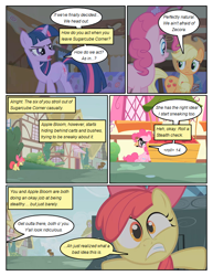 Size: 612x792 | Tagged: safe, artist:newbiespud, edit, edited screencap, imported from derpibooru, screencap, apple bloom, applejack, pinkie pie, twilight sparkle, zecora, pony, unicorn, zebra, comic:friendship is dragons, bridle gossip, bow, cloak, clothes, comic, dialogue, groucho mask, hair bow, hat, scared, screencap comic, unicorn twilight