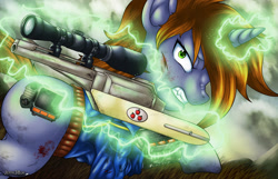 Size: 1400x900 | Tagged: safe, artist:jeffk38uk, imported from derpibooru, oc, oc only, oc:littlepip, pony, unicorn, fallout equestria, ashes of equestria, blood, blood stains, clothes, cloud, cloudy, combat, cut, fallout, fanfic, fanfic art, female, fight, glowing horn, gritted teeth, gun, handgun, hooves, horn, jumpsuit, levitation, little macintosh, magic, mare, optical sight, overmare studios, pipbuck, revolver, scope, solo, telekinesis, vault suit, wasteland, weapon