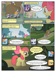 Size: 612x792 | Tagged: safe, artist:newbiespud, edit, edited screencap, imported from derpibooru, screencap, apple bloom, applejack, rainbow dash, rarity, twilight sparkle, zecora, earth pony, pegasus, pony, unicorn, zebra, comic:friendship is dragons, bridle gossip, blank flank, bow, bracelet, building, cloak, clothes, comic, dialogue, everfree forest, female, filly, foal, freckles, hair bow, hiding, hooves, horn, jewelry, mare, neck rings, ponyville, screencap comic, tree, unicorn twilight