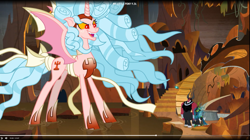 Size: 1727x966 | Tagged: safe, imported from derpibooru, screencap, cozy glow, lord tirek, queen chrysalis, alicorn, centaur, changeling, changeling queen, pony, the ending of the end, alicornified, bow, chaos magic, cozycorn, female, giant demon alicorn cozy glow, giant pony, grogar's bell, hoof shoes, macro, male, mare, race swap, tail bow, ultimate chrysalis