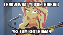 Size: 700x395 | Tagged: safe, edit, edited screencap, imported from derpibooru, screencap, sunset shimmer, equestria girls, equestria girls series, let it rain, spoiler:eqg series (season 2), acoustic guitar, beautiful, best human, caption, cute, female, guitar, image macro, looking at you, microphone, musical instrument, shimmerbetes, solo, text, truth