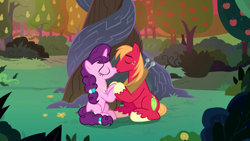 Size: 1920x1080 | Tagged: safe, imported from derpibooru, screencap, big macintosh, sugar belle, earth pony, pony, unicorn, the big mac question, apple tree, female, intertwined trees, kiss on the lips, kissing, male, mare, pear tree, shipping, stallion, straight, sugarmac, tree