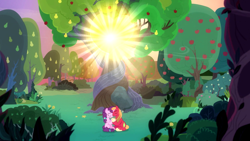 Size: 1920x1080 | Tagged: safe, imported from derpibooru, screencap, big macintosh, sugar belle, earth pony, pony, unicorn, the big mac question, apple tree, female, intertwined trees, male, mare, pear tree, shipping, stallion, straight, sugarmac, tree