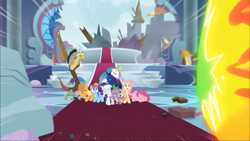 Size: 1920x1080 | Tagged: safe, imported from derpibooru, screencap, applejack, discord, fluttershy, pinkie pie, princess celestia, princess luna, rainbow dash, rarity, spike, dragon, the ending of the end, leak, animation error, missing horn, winged spike, wings