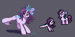 Size: 512x256 | Tagged: safe, artist:bitassembly, imported from derpibooru, oc, oc only, oc:amethyst heartstone, pony, unicorn, bow, female, glowing horn, heterochromia, horn, kick, mare, pixel art, simple background, sprite