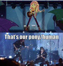 Size: 951x988 | Tagged: safe, imported from derpibooru, screencap, sunset shimmer, equestria girls, equestria girls series, let it rain, spoiler:eqg series (season 2), caption, female, goo goo dolls, guitar, image macro, independence day, male, meme, musical instrument, rain, text, that's my pony, that's my x, umbrella