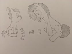 Size: 4032x3024 | Tagged: safe, artist:cleverround, imported from derpibooru, oc, oc:filly anon, earth pony, pony, baby, baby pony, blackjack, card, card game, diaper, female, filly, open mouth, ponytail, question mark, shocked, simple background, sitting, sketch, smiling, surprised, traditional art, white background, wide eyes