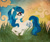 Size: 1000x849 | Tagged: safe, artist:sleepwalks, imported from derpibooru, oc, oc only, oc:dew droplet, bird, earth pony, pony, grass, solo