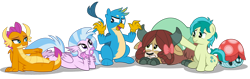 Size: 1592x502 | Tagged: safe, artist:aleximusprime, imported from derpibooru, gallus, ocellus, sandbar, silverstream, smolder, yona, changeling, dragon, earth pony, griffon, hippogriff, pony, tortoise, yak, chill, comforting, cute, diaocelles, diastreamies, gallabetes, group, hiding, kids, sandabetes, scared, simple background, smolderbetes, species swap, student six, students, transformed, transparent background, turtle shell, yonadorable, young