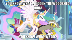 Size: 1920x1080 | Tagged: safe, edit, edited screencap, imported from derpibooru, screencap, discord, princess celestia, princess luna, twilight sparkle, alicorn, pony, the ending of the end, leak, caption, female, image macro, imminent spanking, male, mare, text, the ghost show, the man they call ghost, true capitalist radio, twilight sparkle (alicorn), woodshed