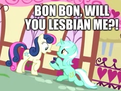 Size: 420x316 | Tagged: safe, edit, edited screencap, imported from derpibooru, screencap, bon bon, lyra heartstrings, sweetie drops, earth pony, pony, unicorn, the big mac question, background characters doing background things, background pony, box, canon, caption, confirmed, cropped, engagement, engagement ring, female, grammar error, image macro, impact font, intentional grammar error, it finally happened, it happened, kneeling, lesbian, lyrabon, mare, marriage proposal, raised hoof, real, ring, shipping, text