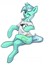 Size: 1005x1407 | Tagged: safe, artist:chibadeer, imported from derpibooru, lyra heartstrings, pony, unicorn, :p, clothes, commission, crossed legs, cutie mark, female, looking at you, loose fitting clothes, mare, one eye closed, shirt, simple background, sitting, solo, t-shirt, tongue out, white background, wink