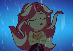 Size: 1546x1080 | Tagged: safe, imported from derpibooru, screencap, sunset shimmer, equestria girls, equestria girls series, let it rain, spoiler:eqg series (season 2), cropped, eyes closed, female, geode of empathy, magical geodes, rain, singing, sleeveless, solo