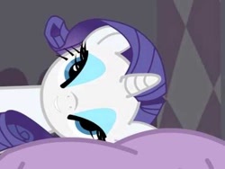 Size: 480x360 | Tagged: artist needed, safe, imported from derpibooru, rarity, pony, unicorn, animation error, bedroom eyes, fan animation, female, laying on bed, looking at you, lying down, lying on bed, mare, out of context, smiling, solo