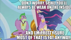 Size: 2048x1152 | Tagged: safe, edit, edited screencap, imported from derpibooru, screencap, spike, twilight sparkle, alicorn, the last problem, leak, caption, gigachad spike, image macro, older, older spike, older twilight, op is a duck, op is trying to start shit, princess twilight 2.0, spikeabuse, text, twilight sparkle (alicorn), weak