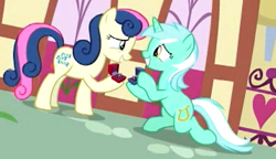 Size: 357x205 | Tagged: safe, imported from derpibooru, screencap, bon bon, lyra heartstrings, sweetie drops, earth pony, pony, unicorn, the big mac question, background characters doing background things, background pony, canon ship, duo, engagement ring, female, it finally happened, it happened, lesbian, lyrabon, marriage proposal, ring, shipping, smiling, wedding ring