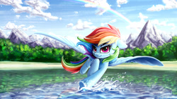 Size: 4098x2304 | Tagged: safe, artist:rysunkowasucharia, imported from derpibooru, rainbow dash, pegasus, pony, 16:9, beach, beautiful, cloud, cute, dashabetes, featured image, female, floppy ears, flying, high res, looking at you, mare, mountain, outdoors, plant, rainbow, scenery, scenery porn, skimming, sky, smiling, smirk, solo, splashing, spread wings, sweet dreams fuel, thick eyebrows, wallpaper, water, wings