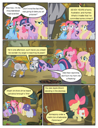 Size: 612x792 | Tagged: safe, artist:newbiespud, edit, edited screencap, imported from derpibooru, screencap, apple bloom, fluttershy, pinkie pie, rainbow dash, rarity, twilight sparkle, zecora, earth pony, pegasus, pony, unicorn, zebra, comic:friendship is dragons, bridle gossip, angry, bit gag, bow, cauldron, comic, dialogue, ear piercing, earring, eyes closed, female, filly, floppy horn, flutterguy, gag, hair bow, hairity, horn, jewelry, mare, messy mane, neck ring, neck rings, piercing, poison joke, rainbow crash, raised hoof, saddle bag, screencap comic, spitty pie, tongue out, twilight flopple, unicorn twilight, zecora's hut